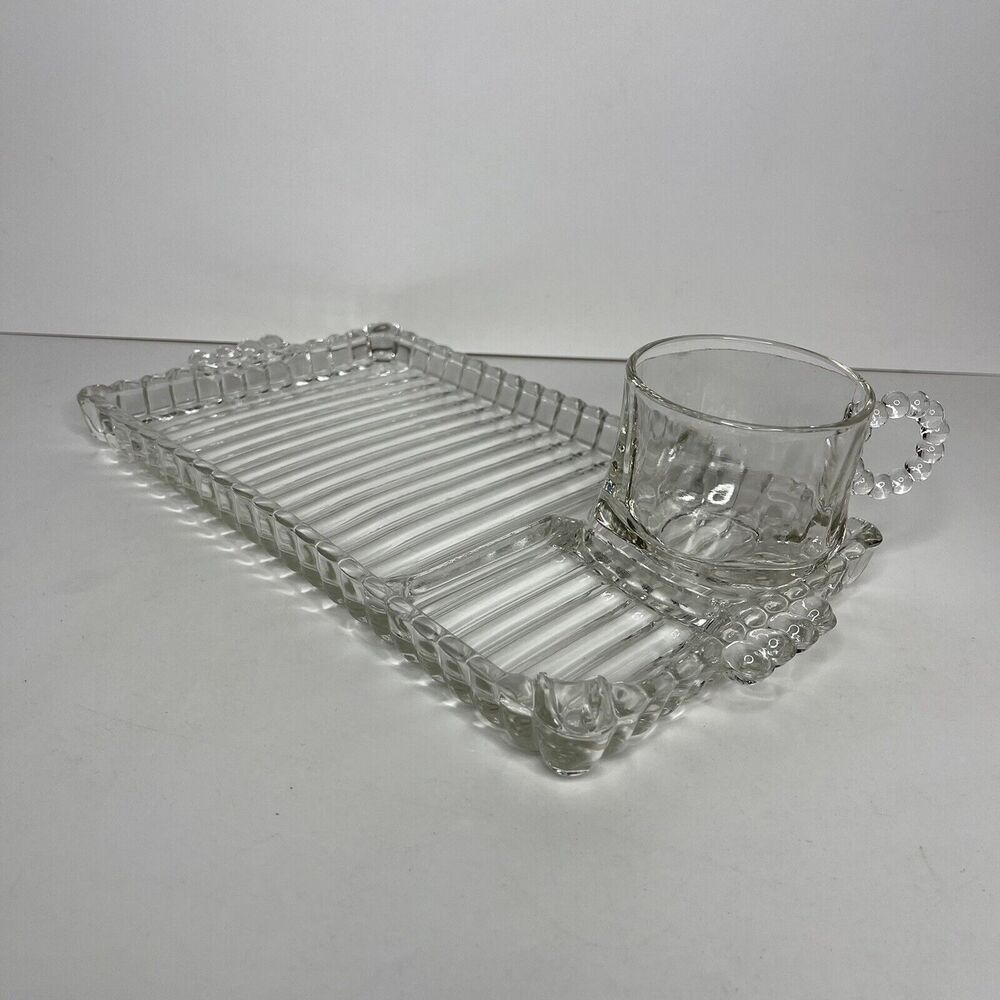 Hazel Atlas Ball & Rib Glass Sip n‎ Smoke Luncheon Snack Cup & Tray Set